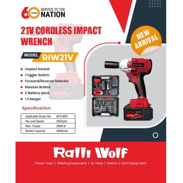 Ralli Wolf 21V Cordless Impact Wrench with 2 Batteries 4.0Ah (RIW21V)